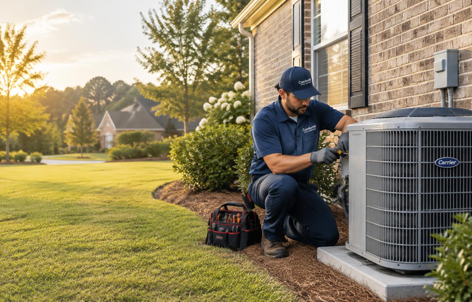 HVAC technician servicing an air conditioning unit at a Sugar Hill home
